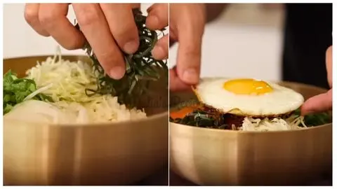 Add veggies, chicken, egg, and your favorite sauce on top