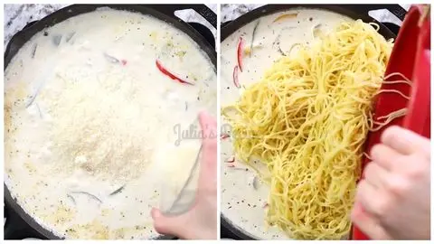 Creamy Scampi Sauce with Sautéed Peppers and Angel Hair Pasta