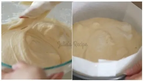 Smooth Vanilla Cake Batter Divided into Pans