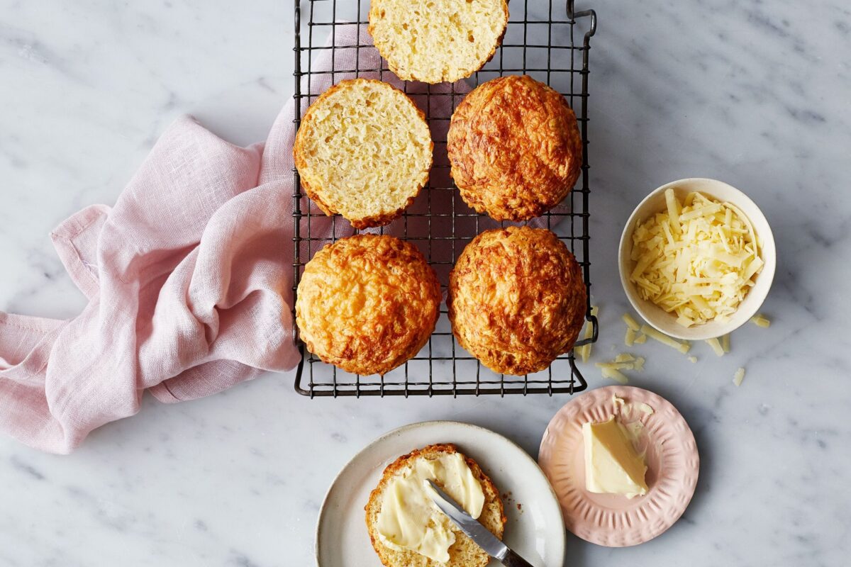 A batch of classic golden cheese scones.