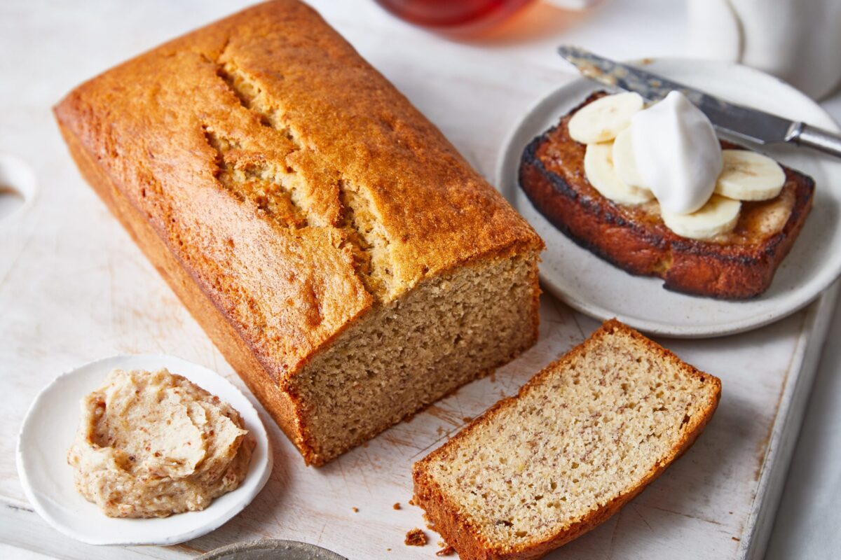 Banana bread with coconut and cardamom, perfectly toasted.