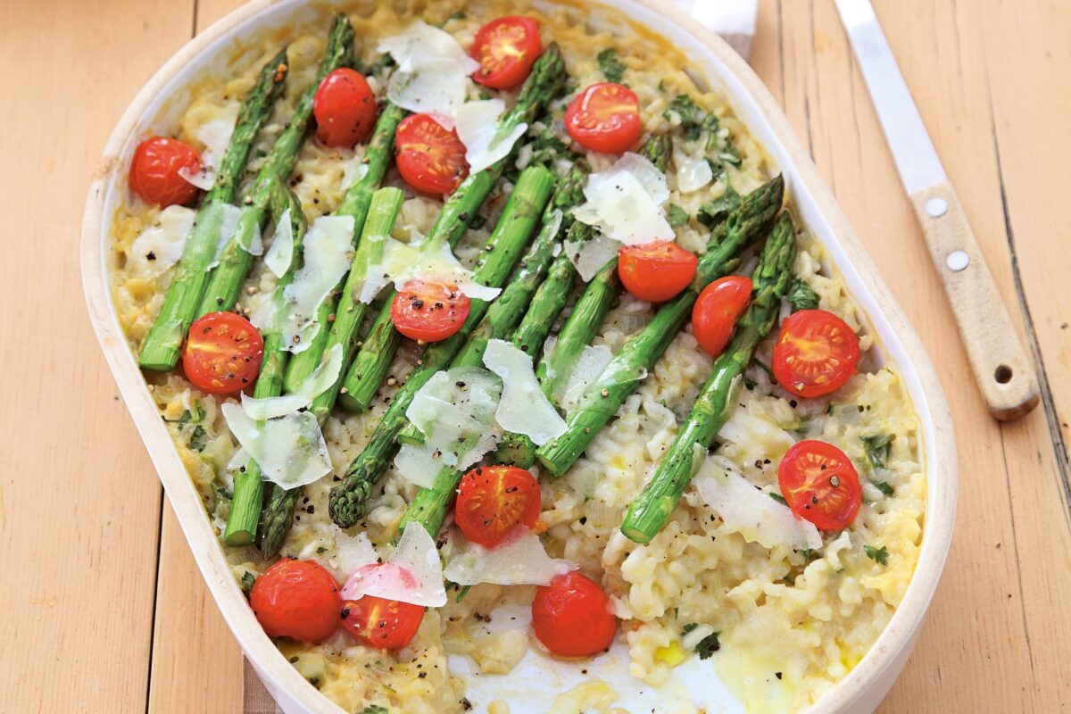 Baked asparagus risotto in a baking tray