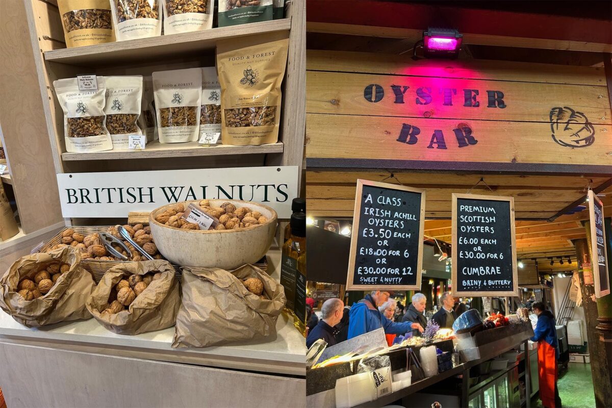 A vibrant scene at Borough Market with fresh produce on display.