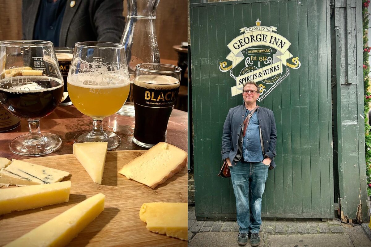 A selection of British cheeses and ales on a wooden board.
