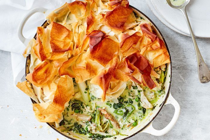 A comforting chicken pot pie with a crispy filo pastry topping