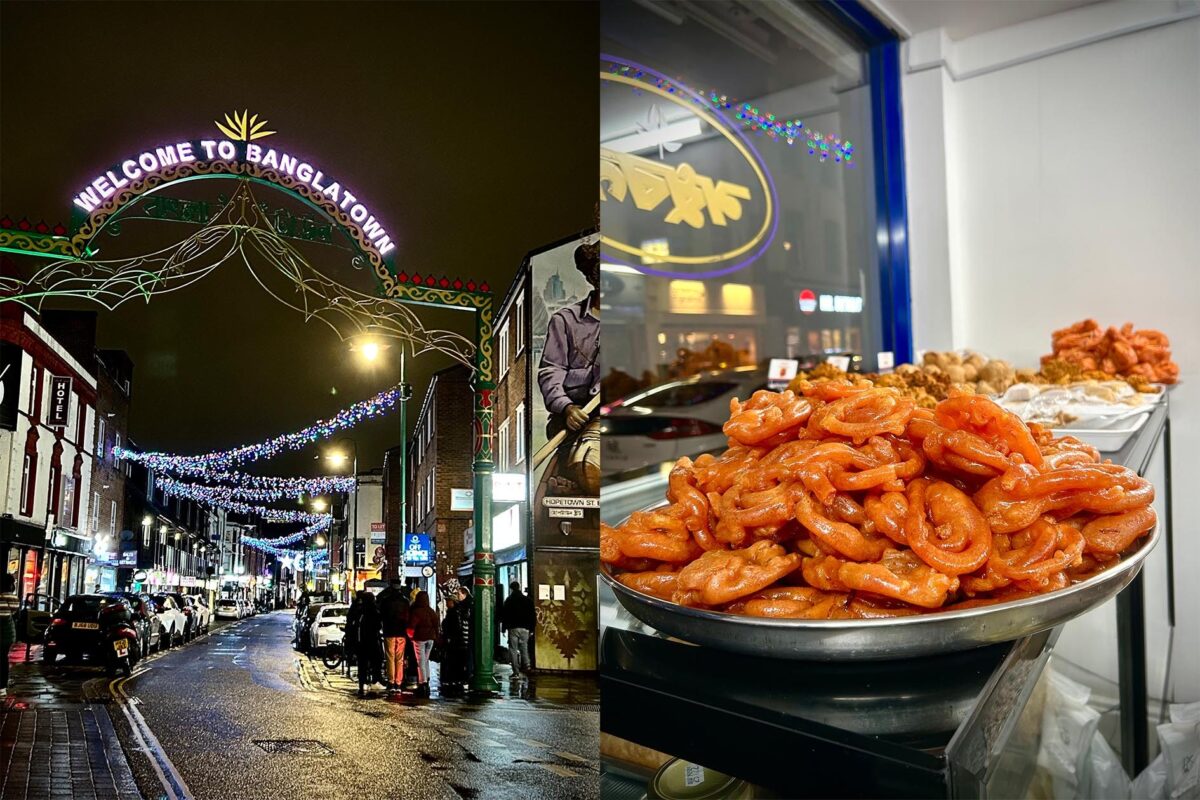 A colorful spread of various Indian dishes including curry, rice, and naan bread.