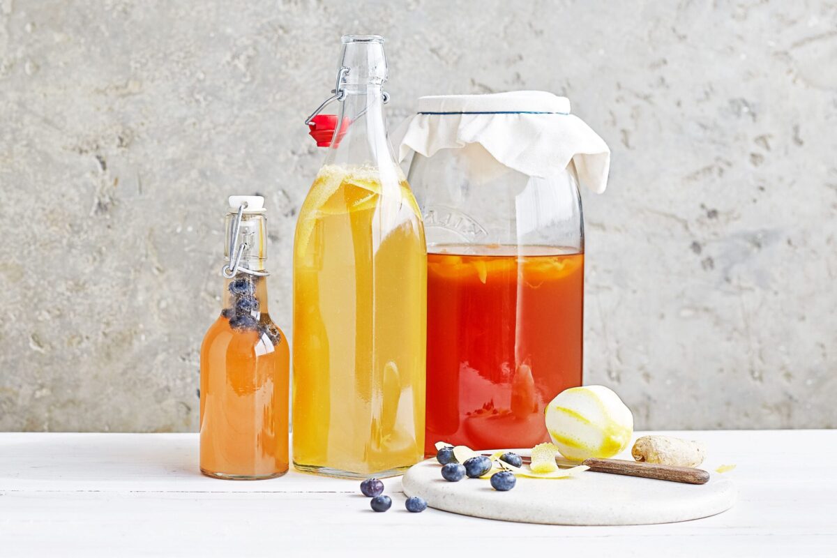 Bottles of homemade kombucha