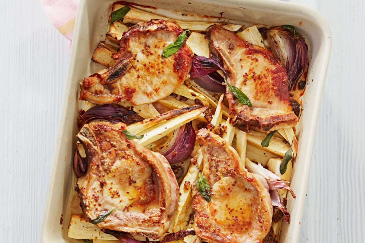 Tray of pork chops and parsnips