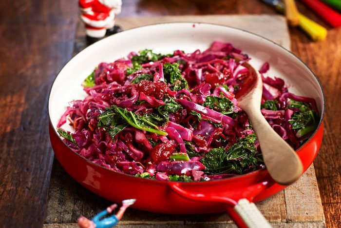 Vibrant red cabbage stir-fry in a white bowl
