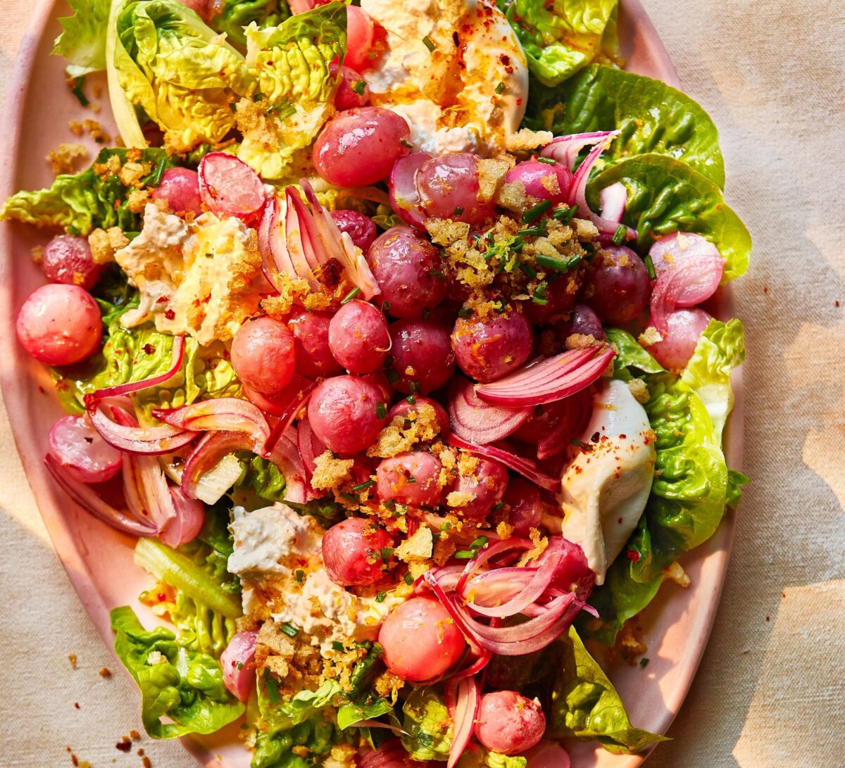 Roasted Radish Salad with Burrata on a platter