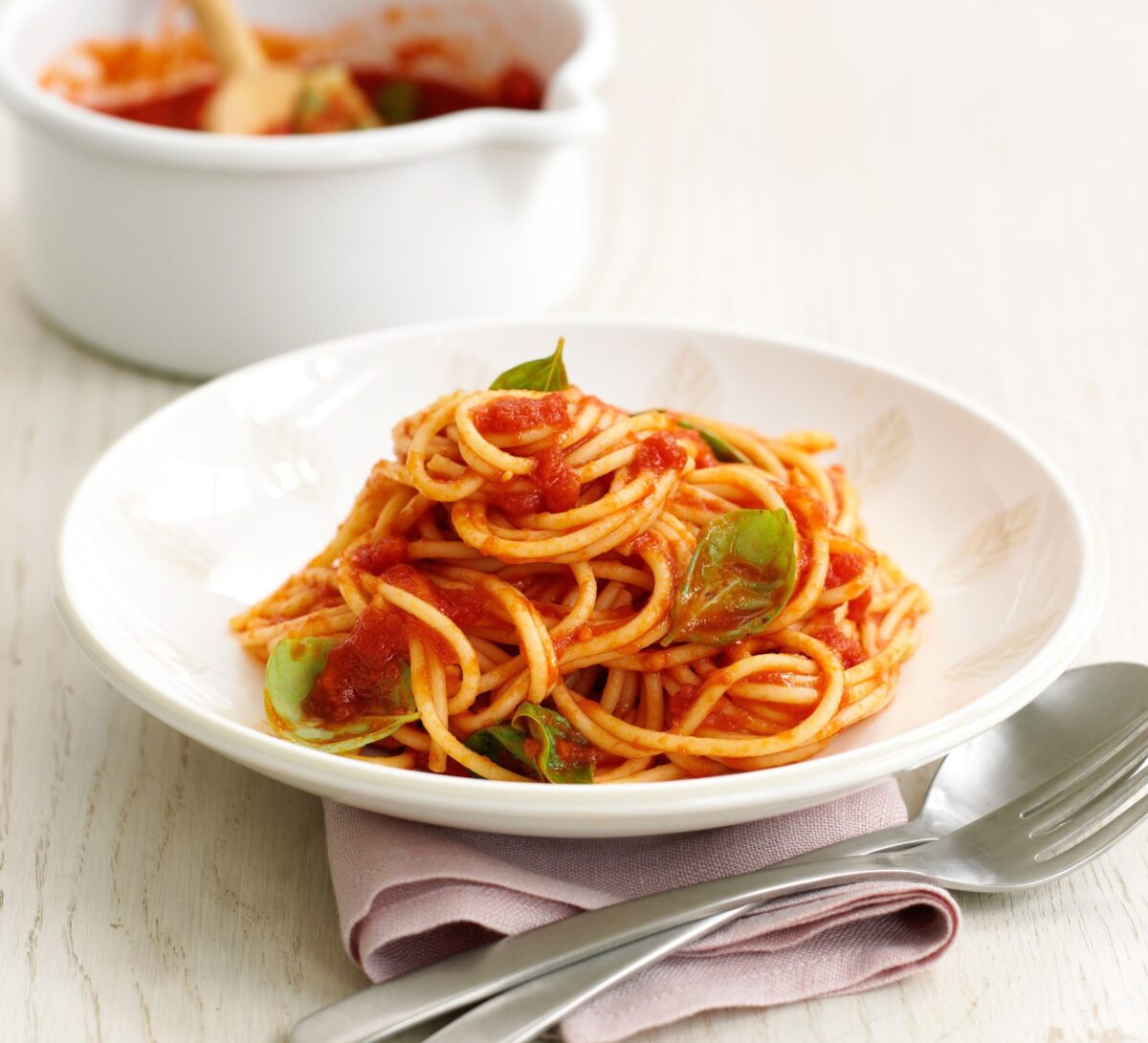 Pasta with homemade tomato and basil sauce.