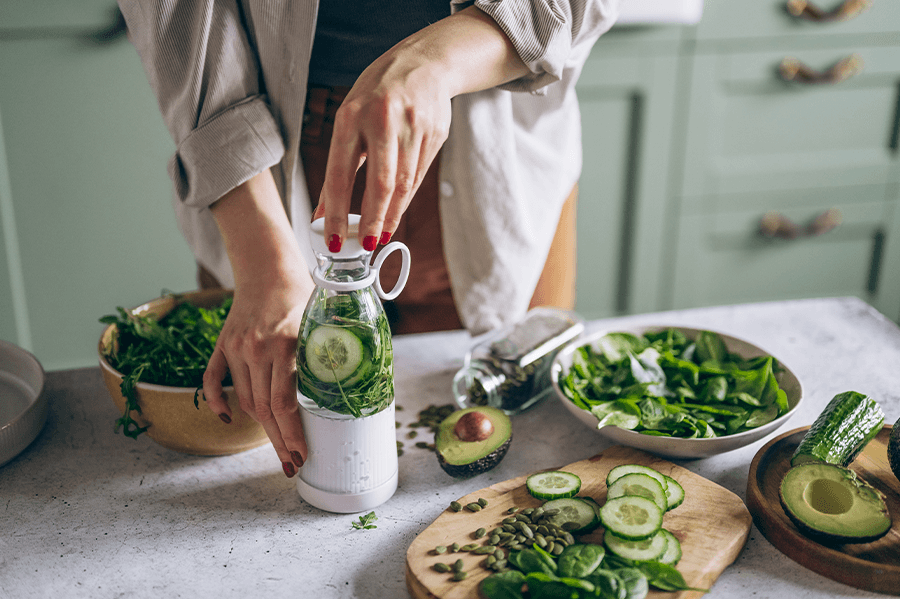 A delicious example of volume eating A beautiful plate of high-volume foods including cucumber and avocado.