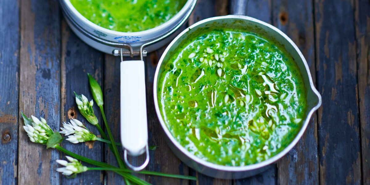 A bowl of creamy green wild garlic soup.