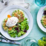 Creamy Pea Fritters with Harissa Yogurt & Poached Egg