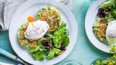 Creamy Pea Fritters with Harissa Yogurt & Poached Egg