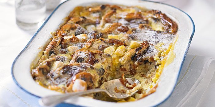 A delicious hot cross bun bread and butter pudding.