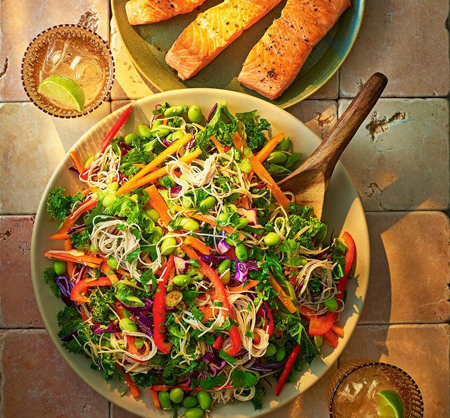 5-a-day noodle salad with citrus ginger dressing and salmon fillets
