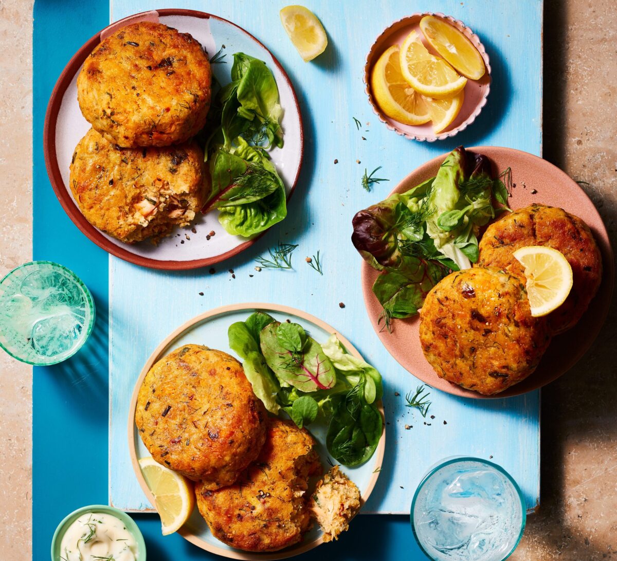 Golden salmon fishcakes served with a fresh salad