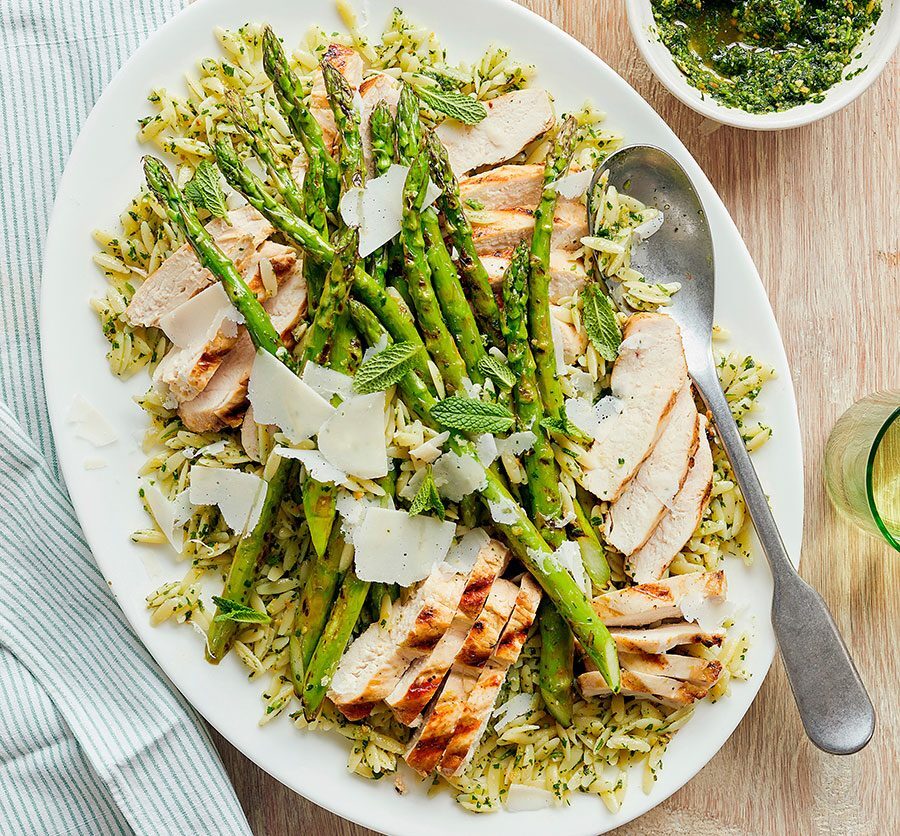 A vibrant bowl of chicken pesto orzo salad with fresh asparagus and tomatoes