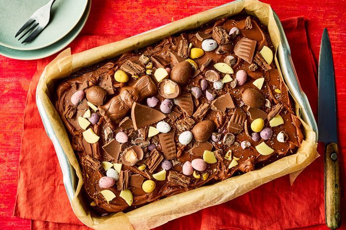 A chocolate traybake decorated with Easter eggs