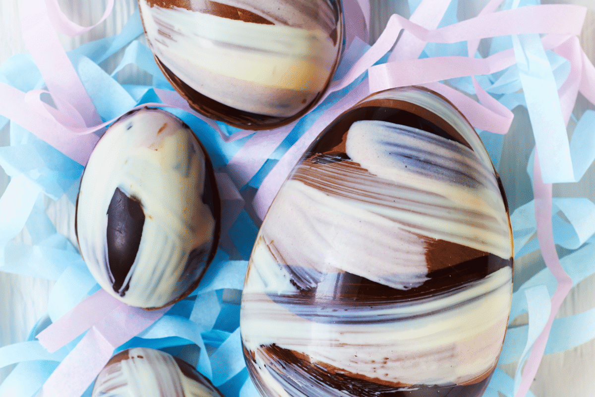 A finished, beautifully moulded chocolate Easter egg.