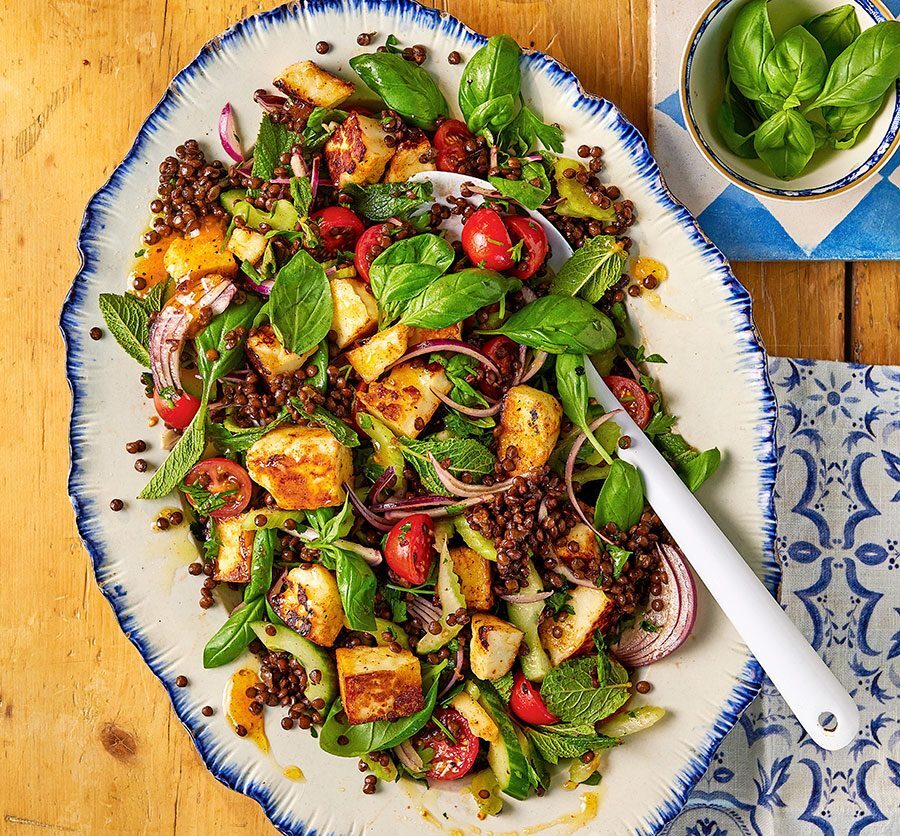 A sharing platter of halloumi, lentil & all the herbs salad