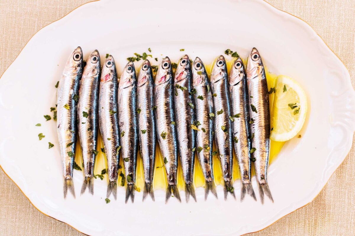Fresh oily fish fillets on a wooden board