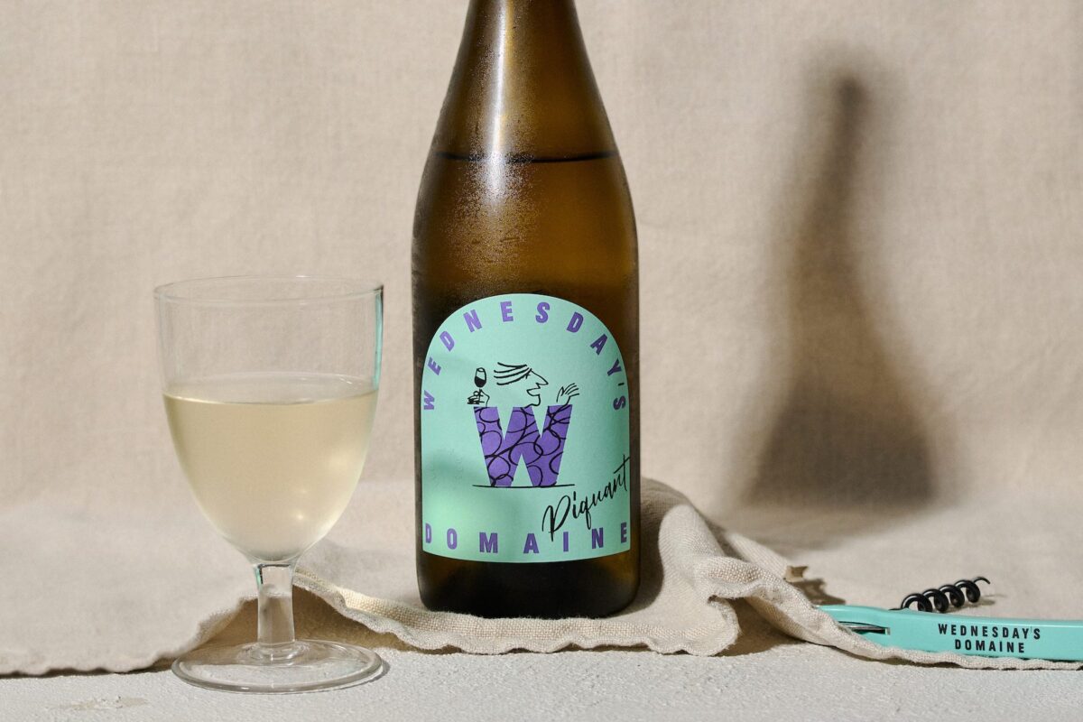 A bottle of Wednesdays Domaine Piquant non-alcoholic wine.