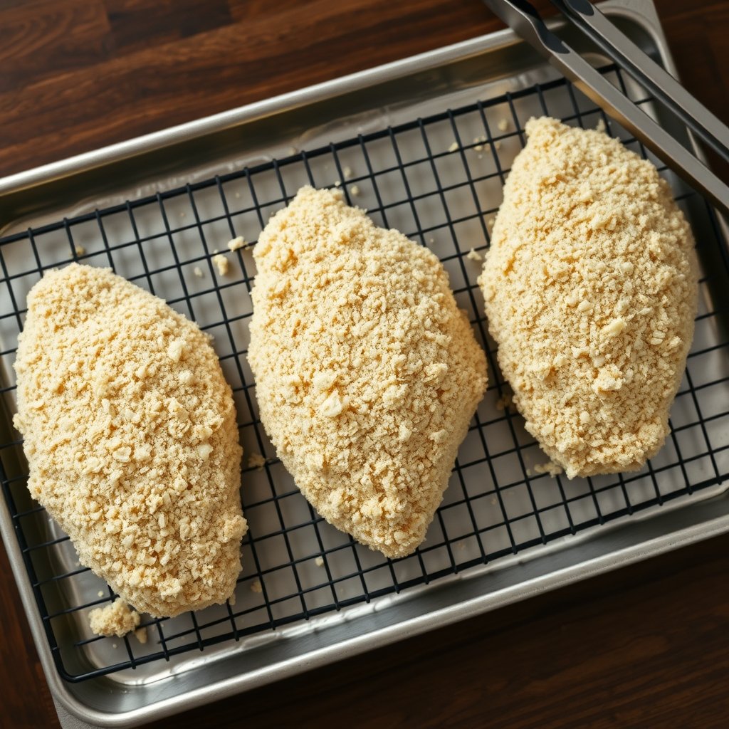 Breaded chicken cutlets coated in panko and parmesan ready for the pan