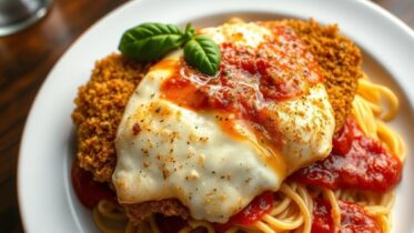BJ's parmesan crusted chicken recipe with melted mozzarella and red marinara over angel hair pasta