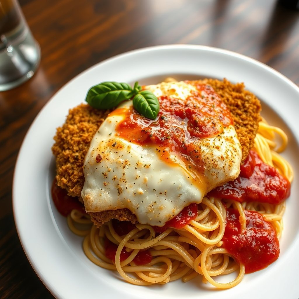 BJ's parmesan crusted chicken recipe served on a white plate with mozzarella and marinara