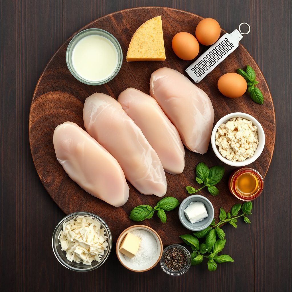 Ingredients for BJ's parmesan crusted chicken laid out on a wooden board