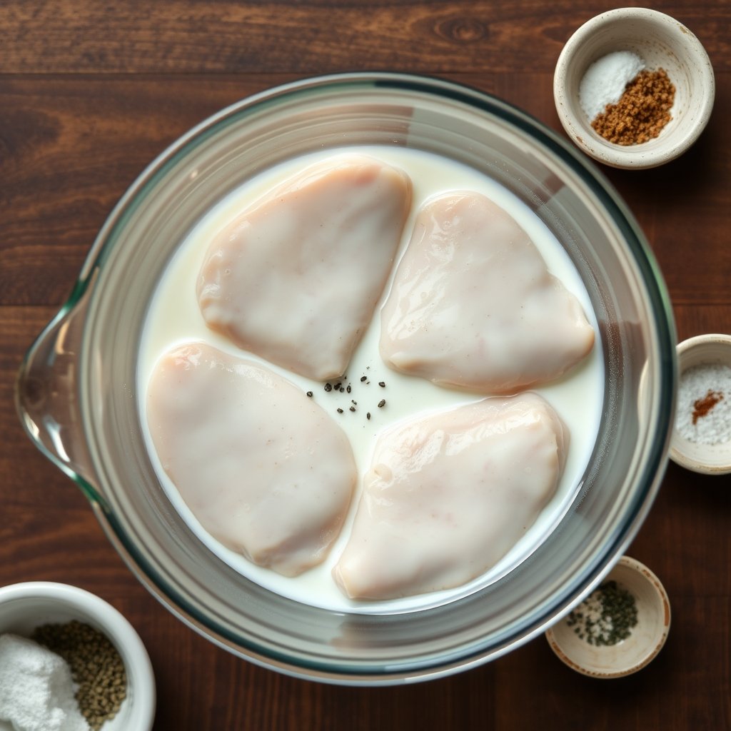 Chicken breasts marinating in buttermilk for BJ's parmesan crusted chicken