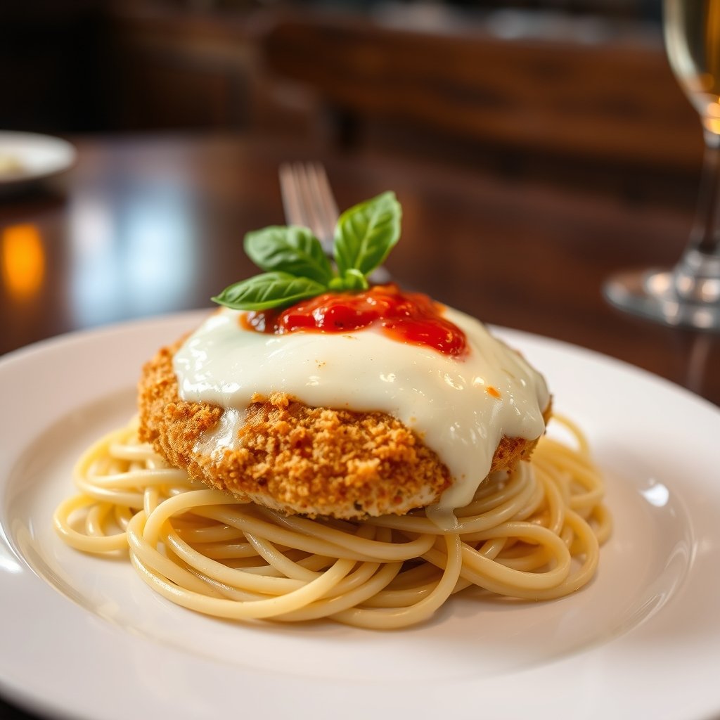 Finished BJ's parmesan crusted chicken served over angel hair pasta with fresh basil