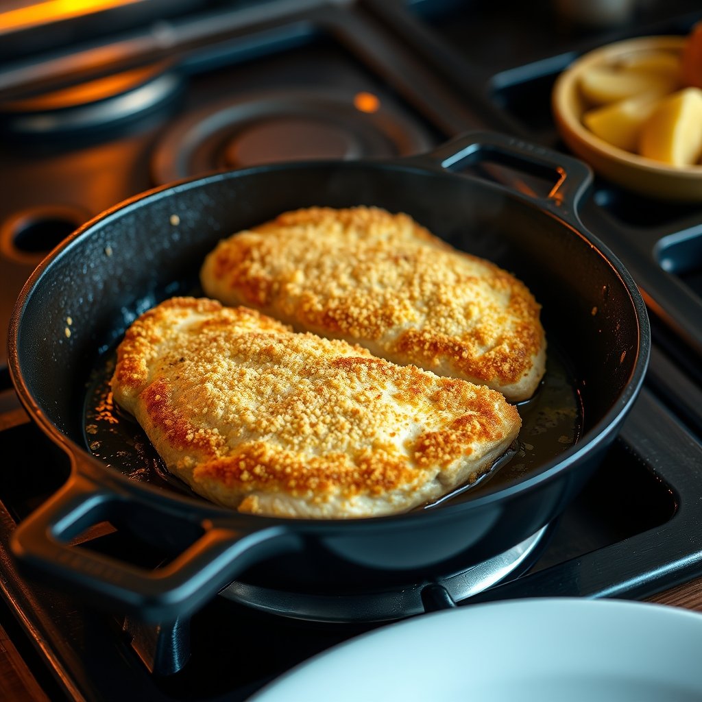 Golden brown parmesan crusted chicken searing in a cast iron skillet