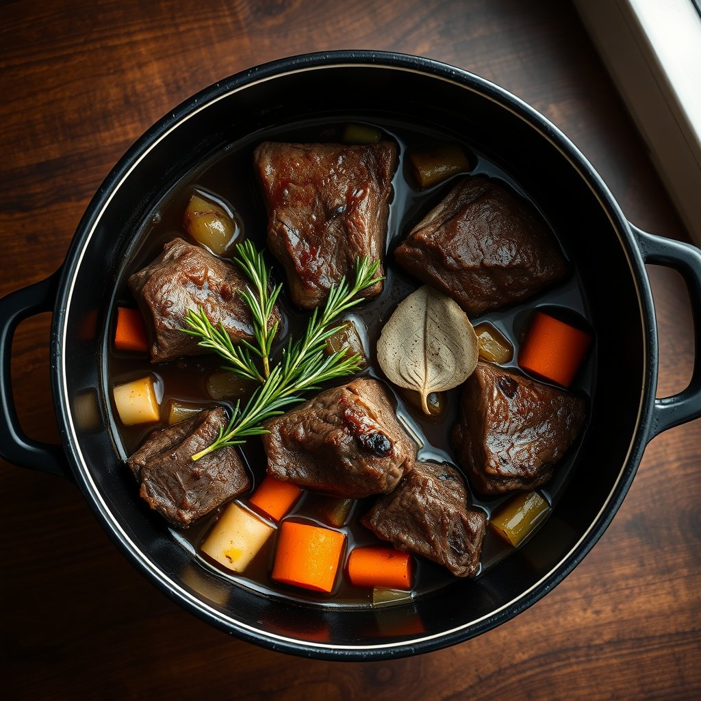 Beef braising in a Dutch oven with herbs marsala and vegetables before going into the oven