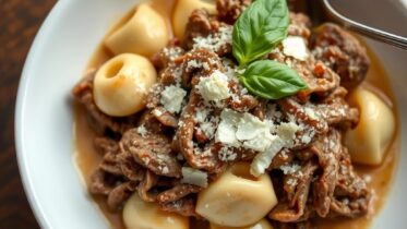 Olive Garden braised beef tortellini recipe in a white bowl with tender shredded beef cheese tortellini and parmesan