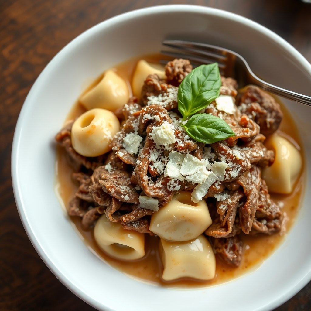 Olive Garden braised beef tortellini recipe in a white bowl with tender shredded beef, cheese tortellini, and parmesan