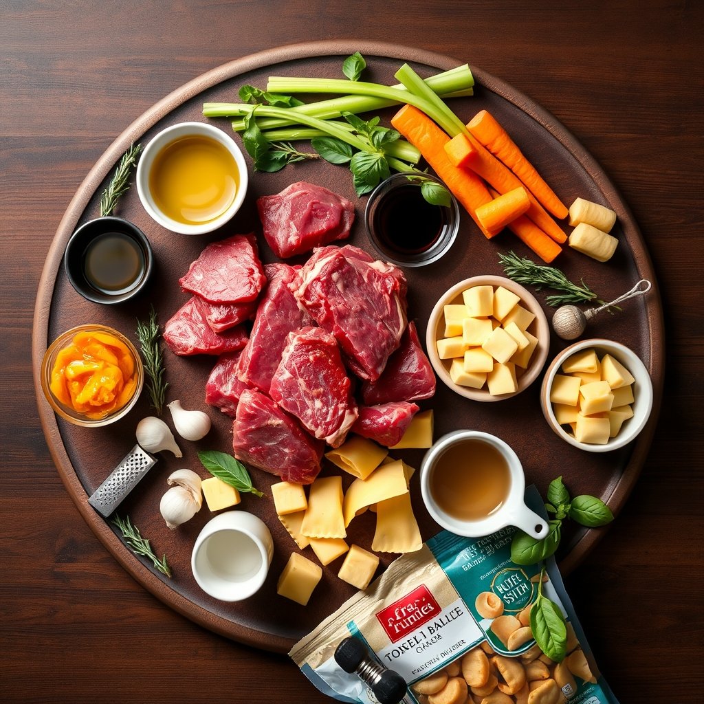 Ingredients for Olive Garden braised beef tortellini arranged on a wooden board