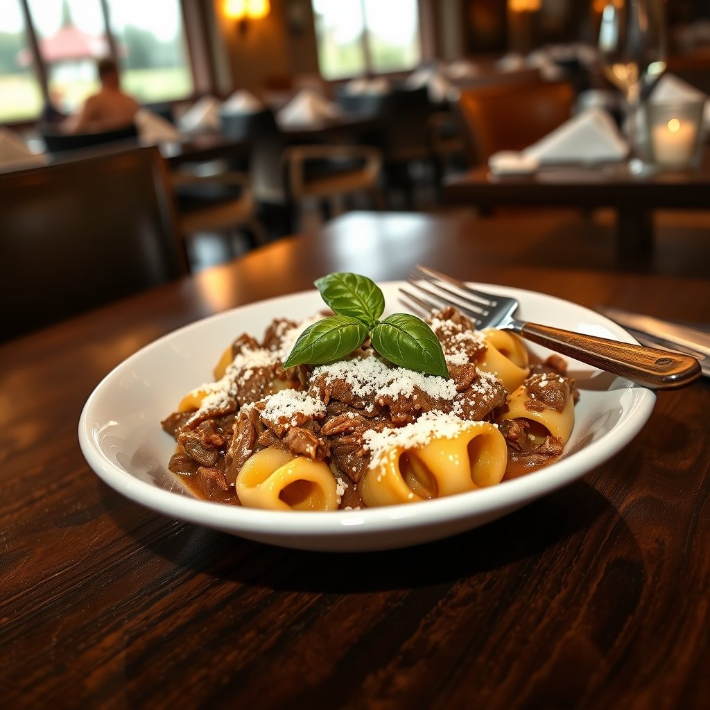 Olive Garden braised beef tortellini plated in a white bowl with shredded beef cheese tortellini basil and parmesan