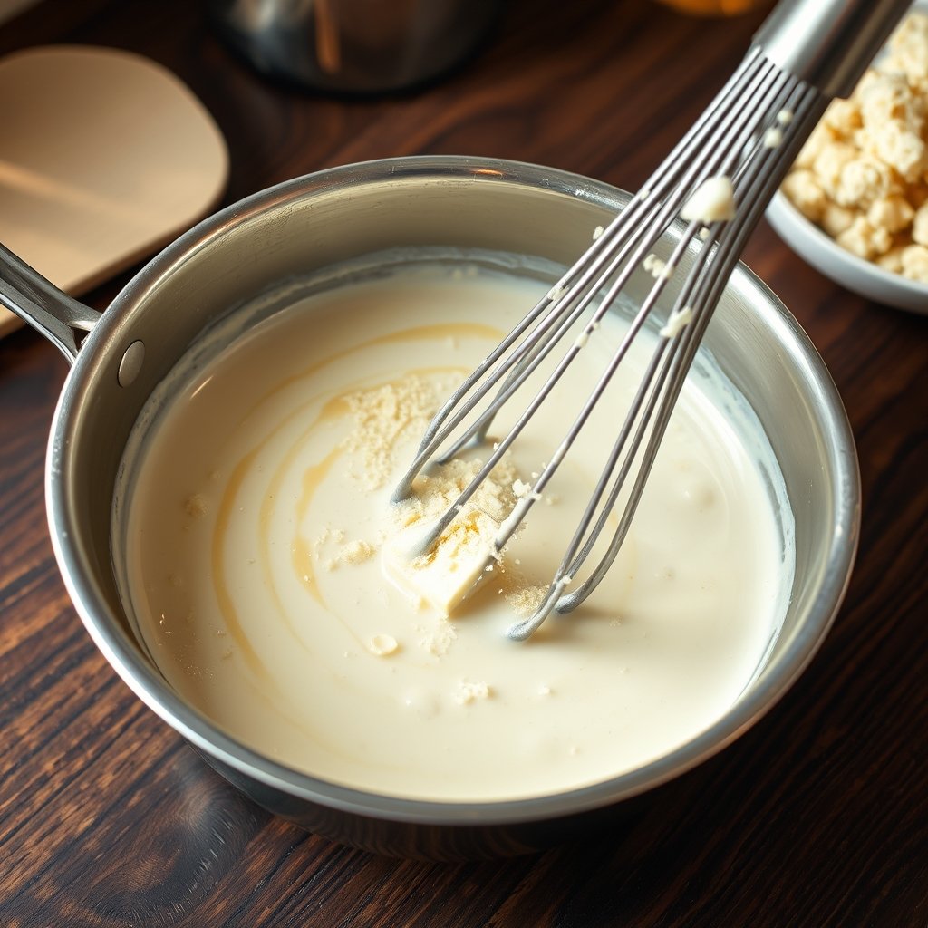 Creamy parmesan cream sauce simmering in a saucepan with bubbling melted cheese