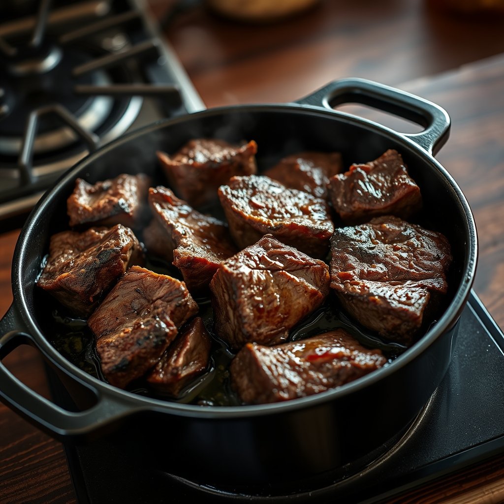 Beef short rib chunks searing to deep golden brown in a Dutch oven for braised beef tortellini