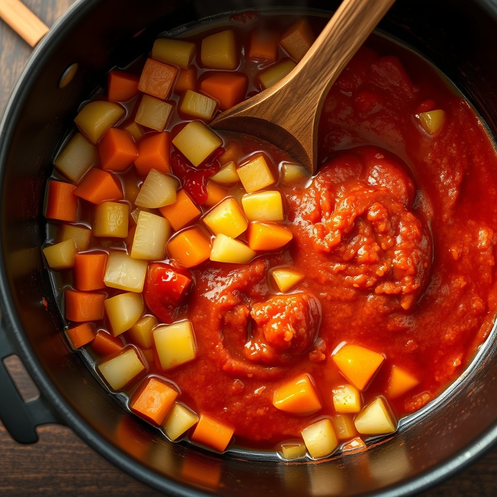 Softened onion carrot and celery with tomato paste and garlic cooking in a Dutch oven