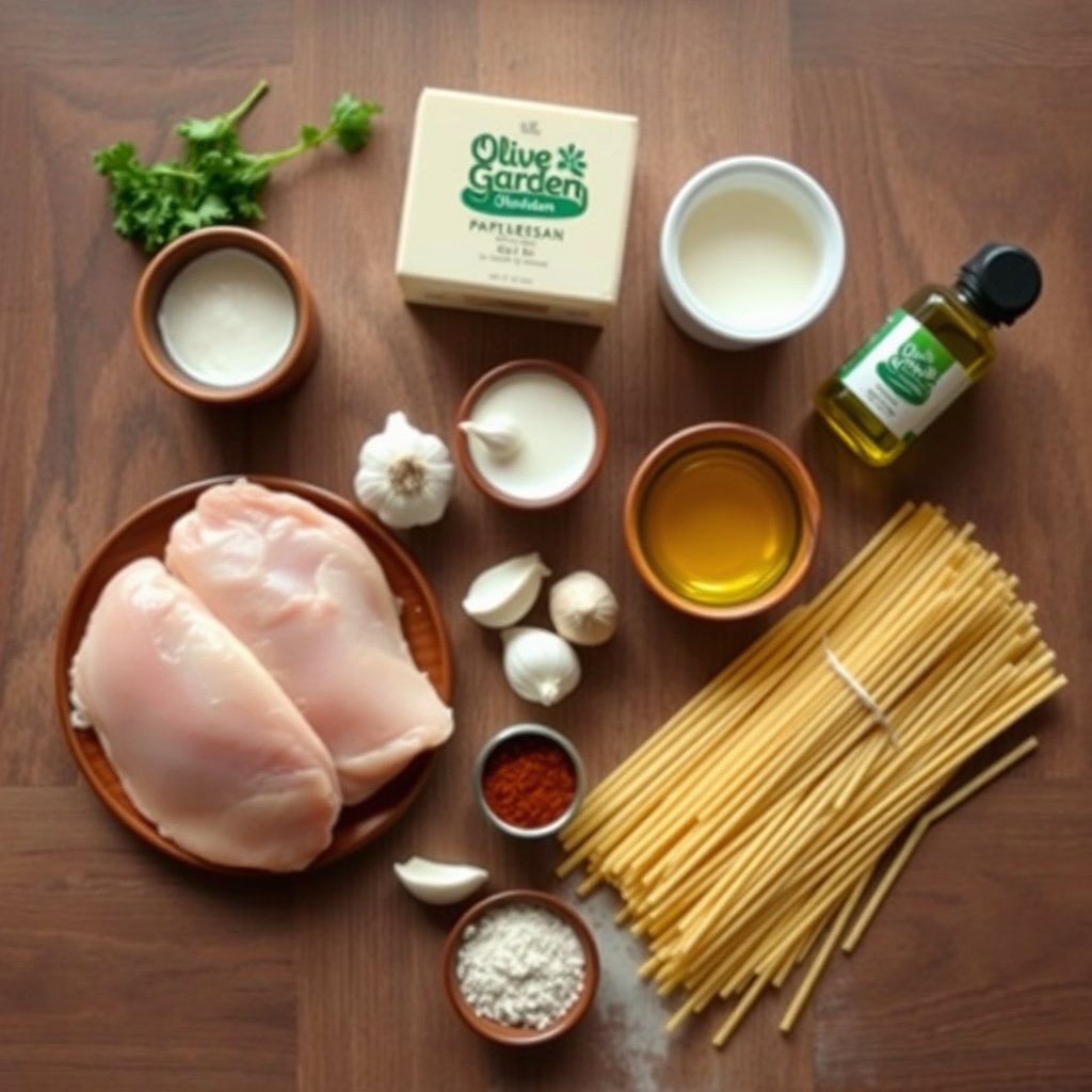 Ingredients for Olive Garden Chicken Alfredo arranged on a wooden board