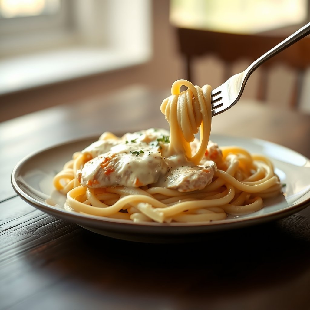 Finished Olive Garden Chicken Alfredo plated and ready to serve