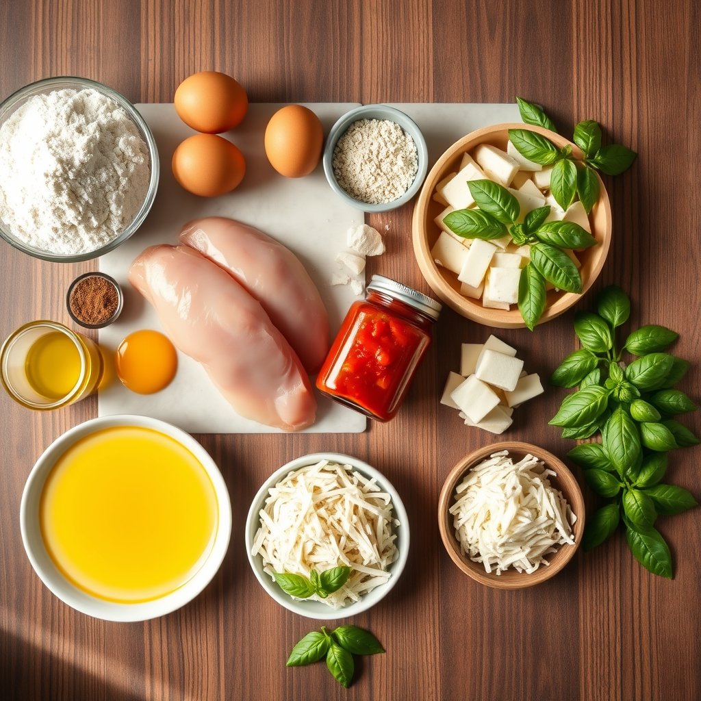 Ingredients for Olive Garden Chicken Parmigiana arranged on a wooden board