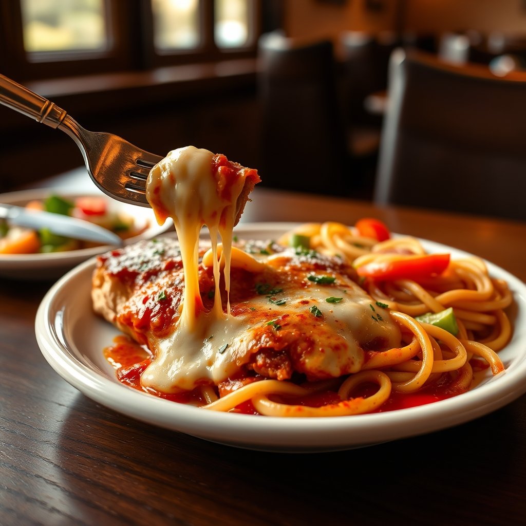 Finished Olive Garden Chicken Parmigiana plated and ready to serve