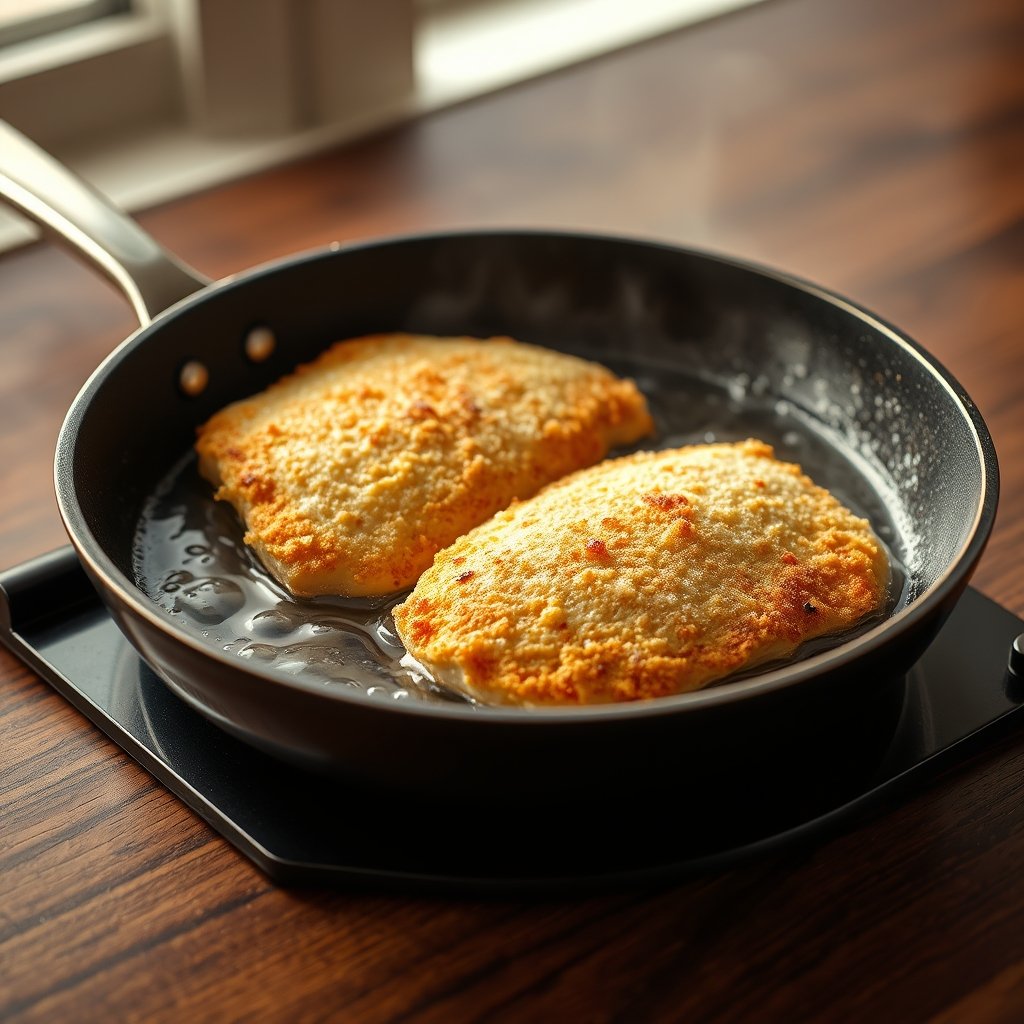Final cooking stage of Chicken Parmigiana