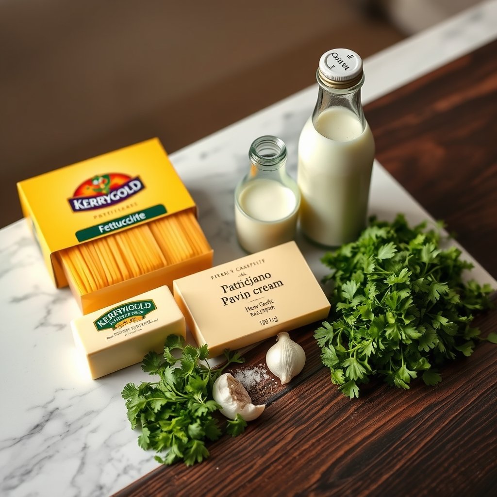 Ingredients for Olive Garden Fettuccine Alfredo arranged on a wooden board