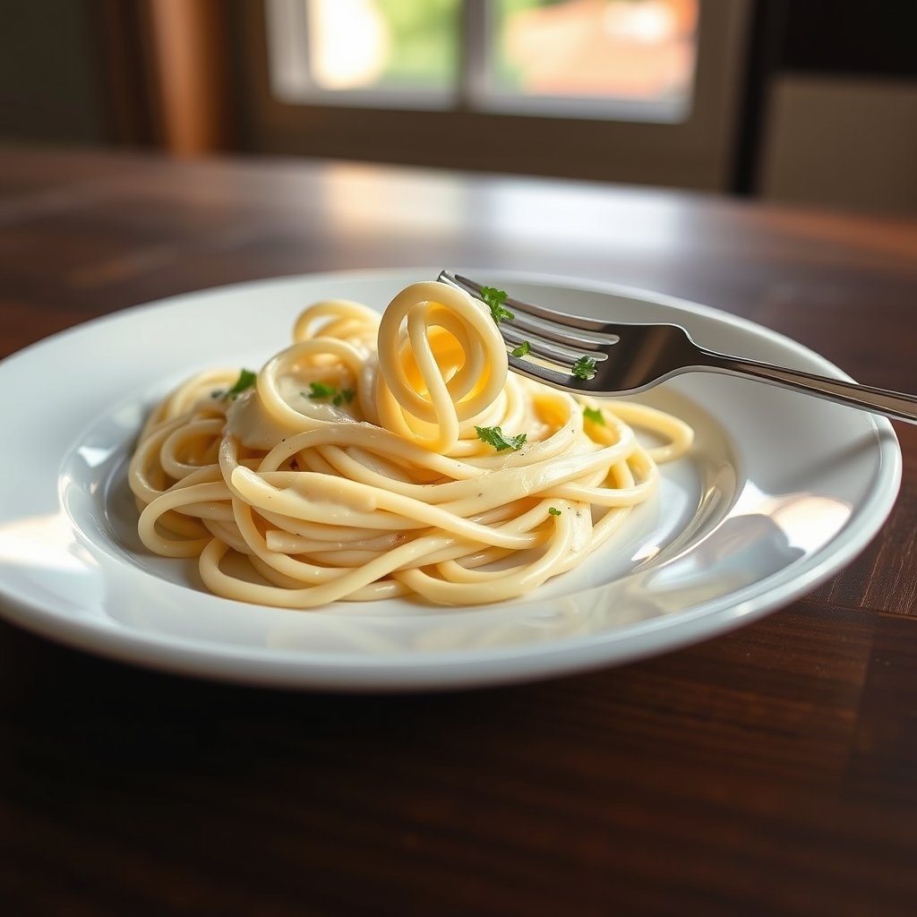 Finished Olive Garden Fettuccine Alfredo plated and ready to serve